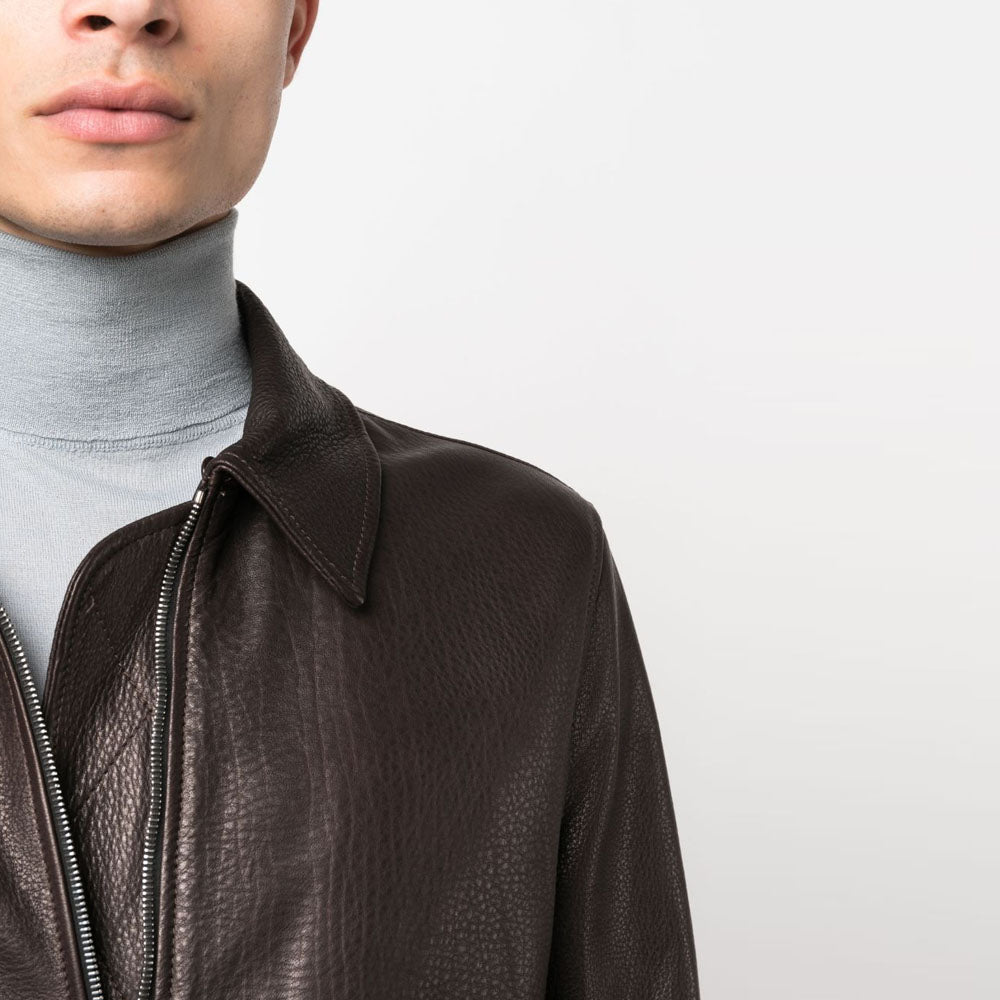 New Men Dark Brown Shearling Collar Trucker Bomber Leather Jacket