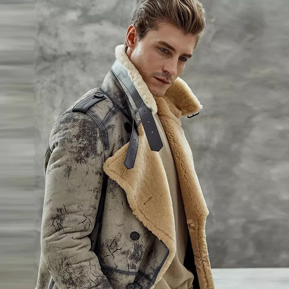 Men's Leather Fur Aviator Biker Shearling Flight Long Coat