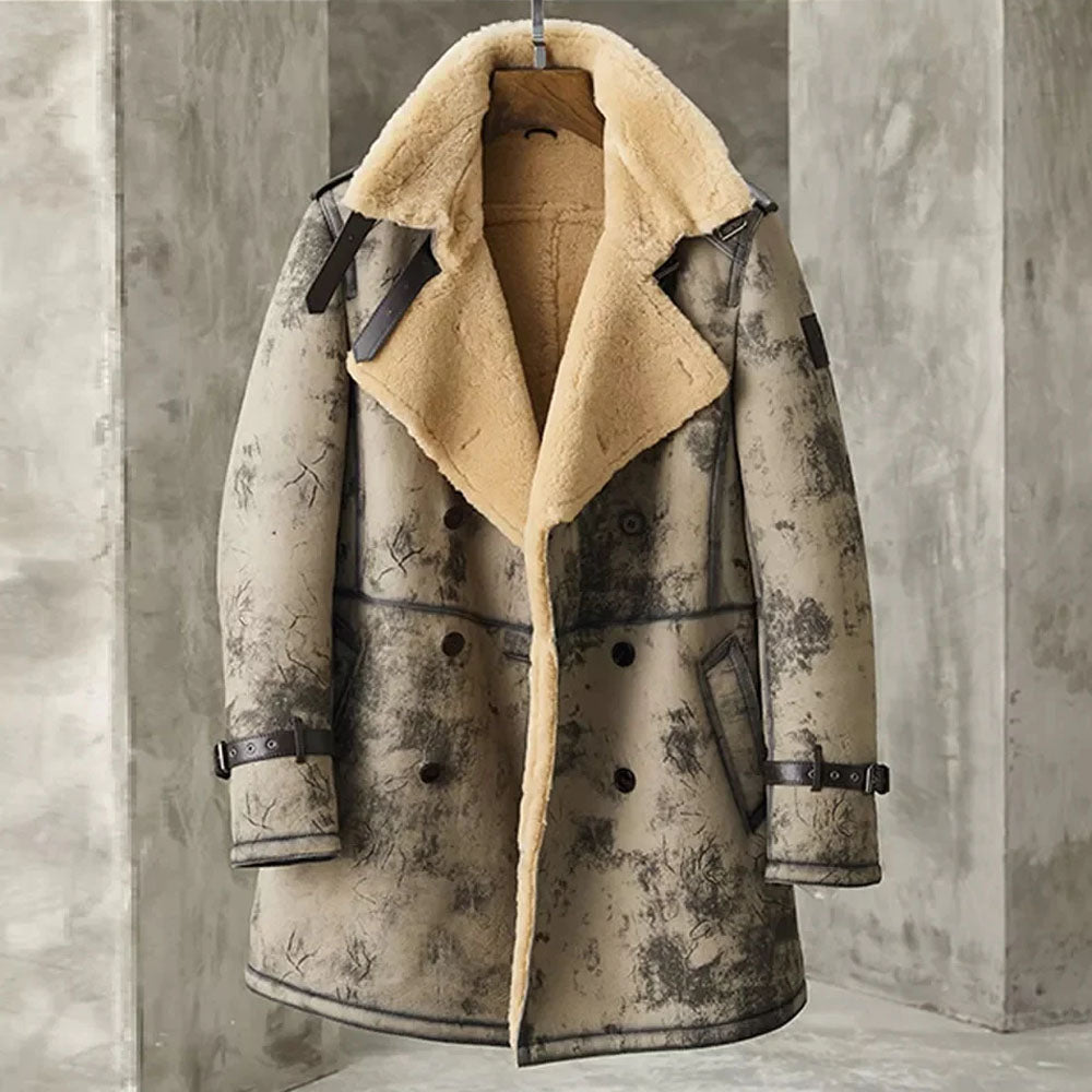New Leather Fur Aviator Biker Shearling Flight Long Coat