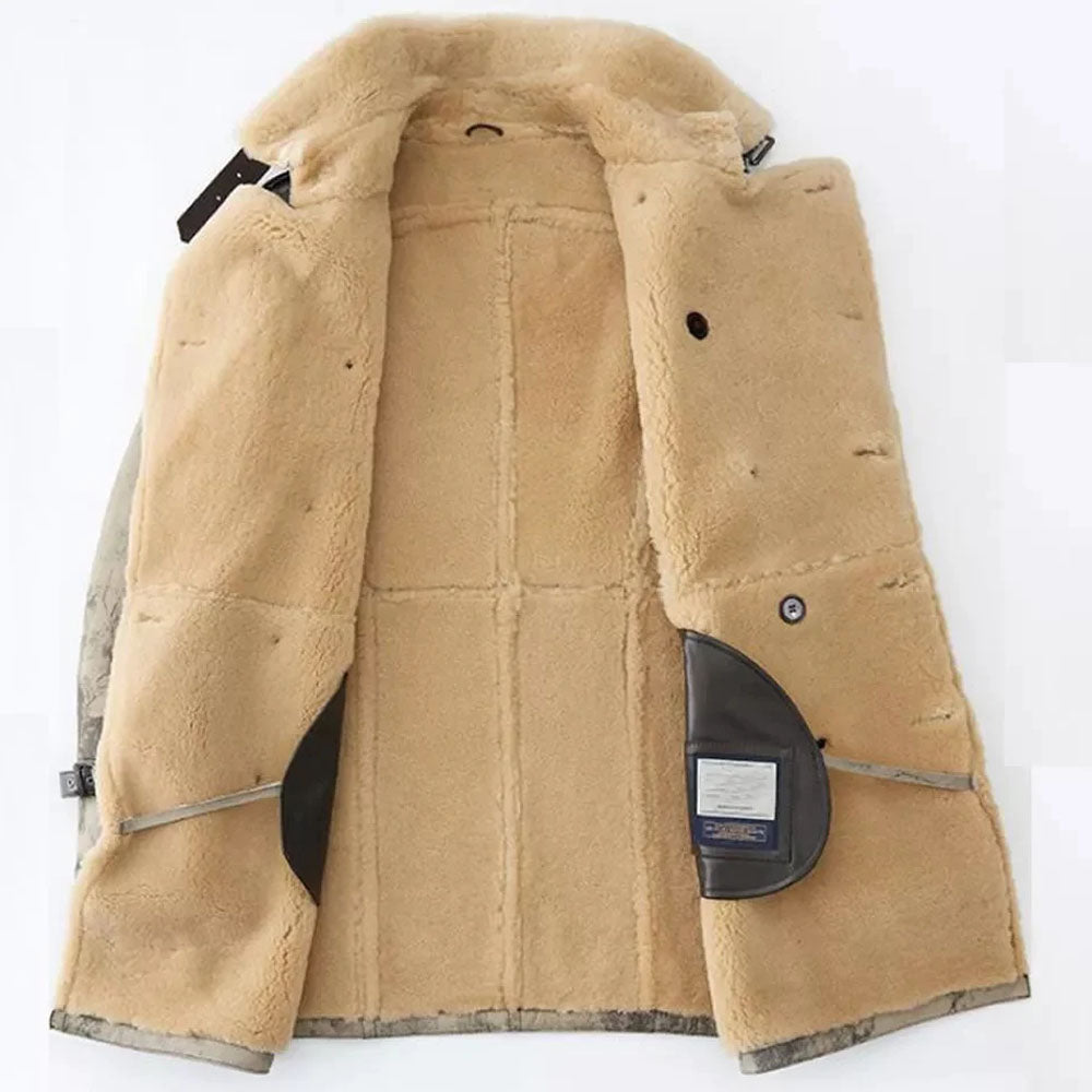 New Men's Leather Fur Aviator Biker Shearling Long Coat