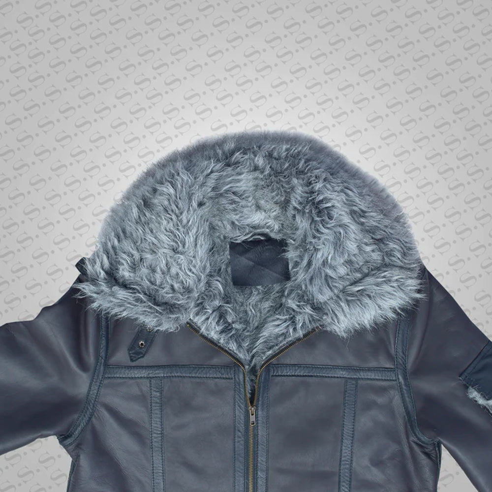 Men's Sheepskin Shearling Black Leather Jacket Coat In Flight Aviation Style - Cold Inferno