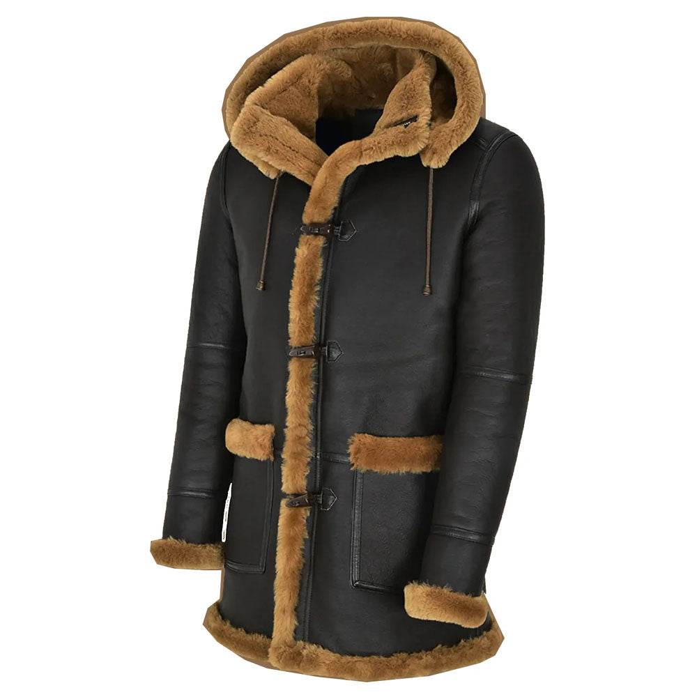 Black Hooded Shearling Leather Coat For Men