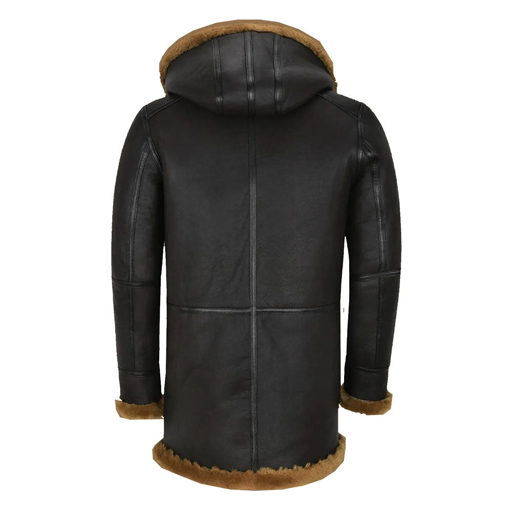 New Black Hooded Shearling Leather Coat