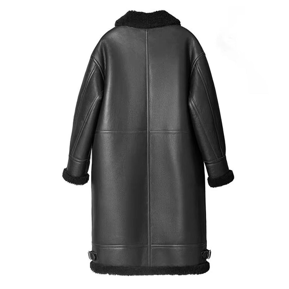 Men's Shearling Sheepskin Jacket Trench Coat Black Leather Jacket Winter Coat