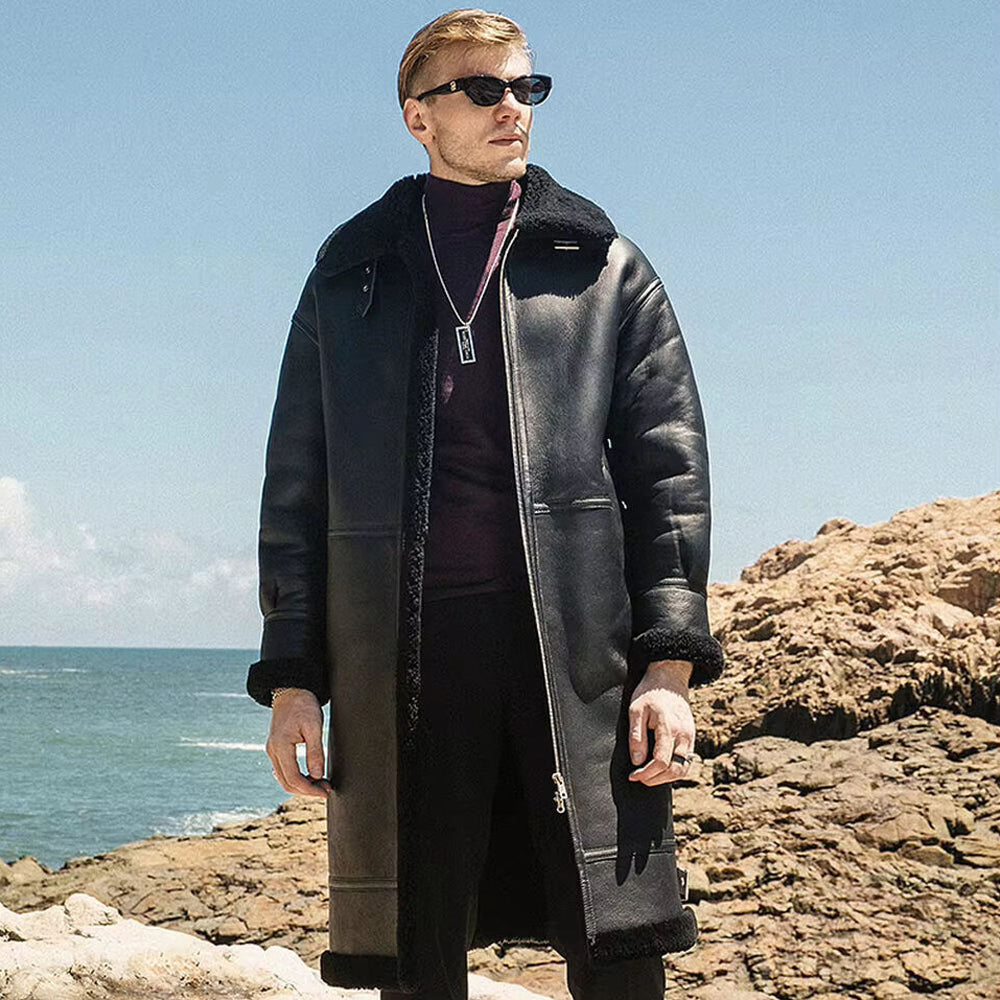 Men's B3 Sheepskin Jacket Trench Coat Black Leather Jacket Winter Coat