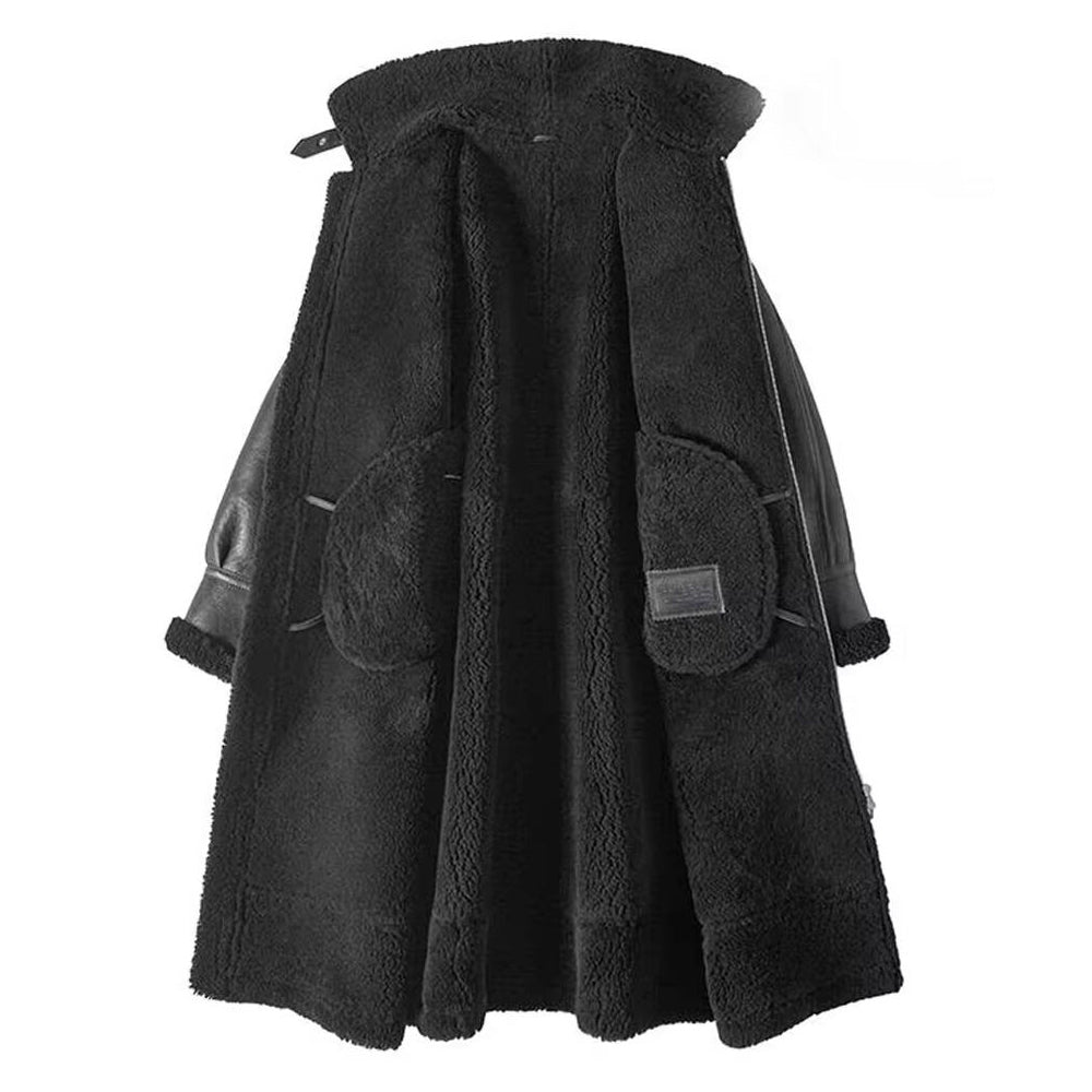 Men's B3 Shearling Sheepskin Jacket Trench Coat Black Leather Winter Coat