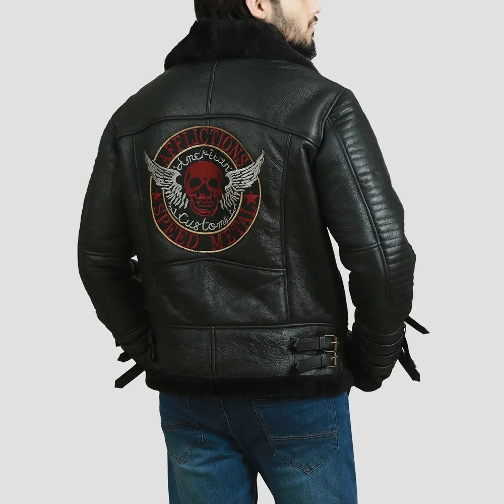 Back view of man wearing Men's Aviator B3 Shearling Bomber Jacket, highlighting design and fit.