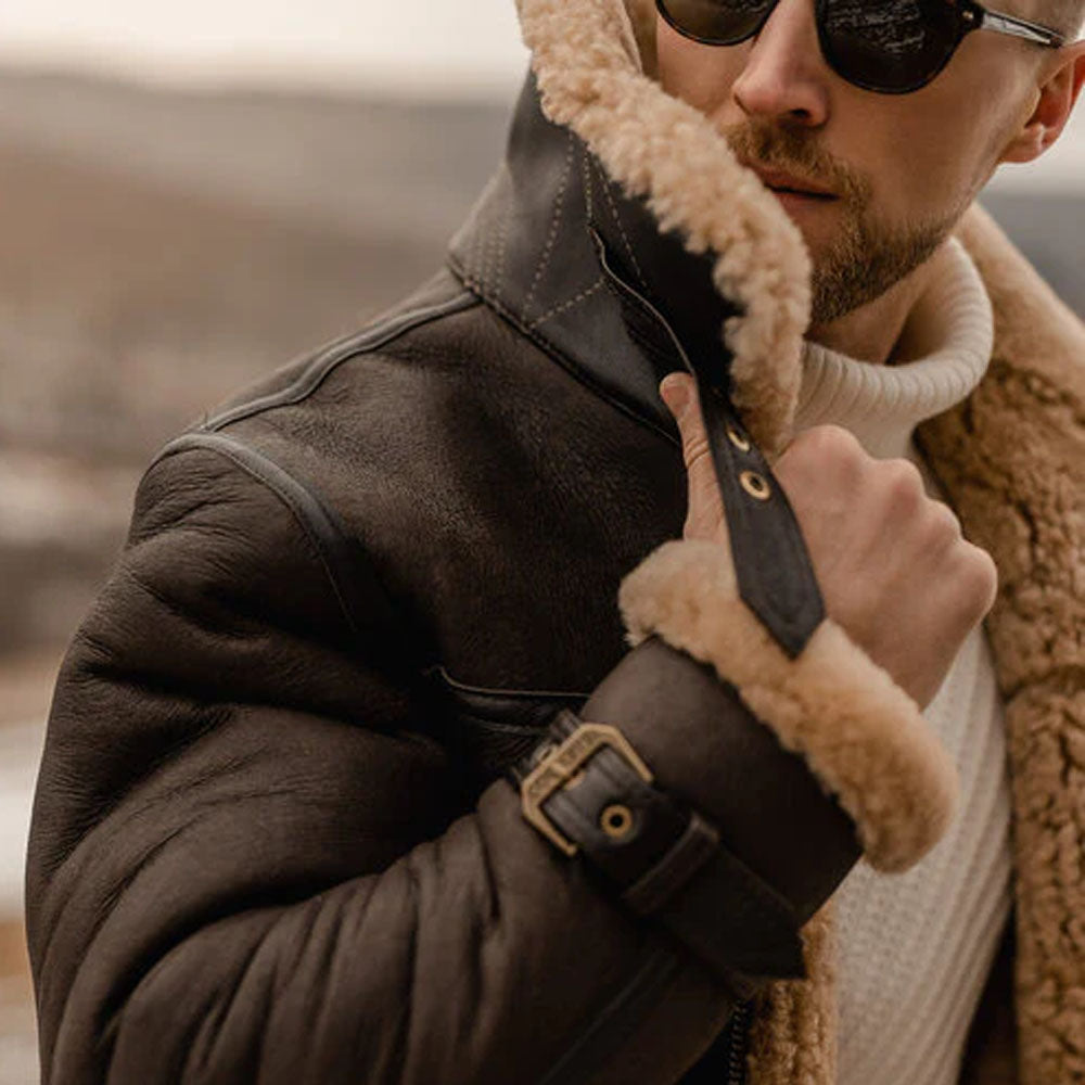 B3 Sheepskin Aviator Shearling Leather Long Jacket Coat For Men