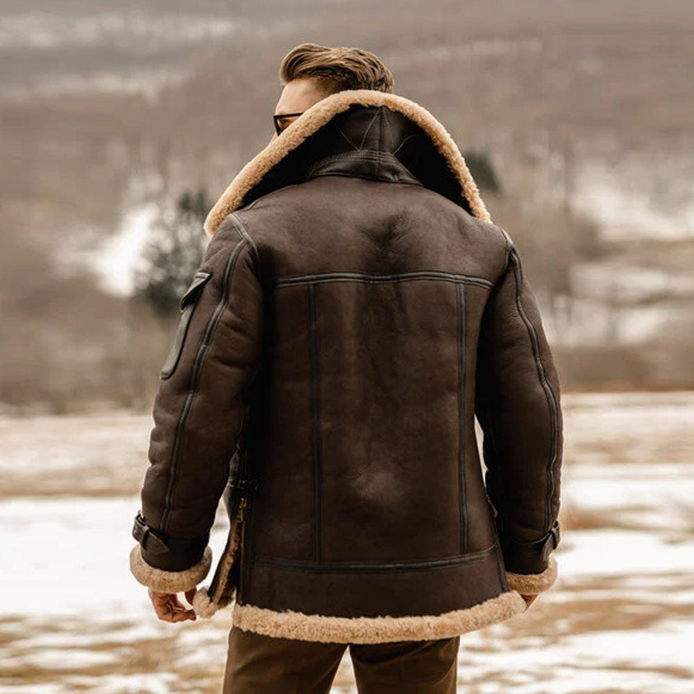Brown Flying Sheepskin Aviator Shearling Leather Long Jacket Coat For Men