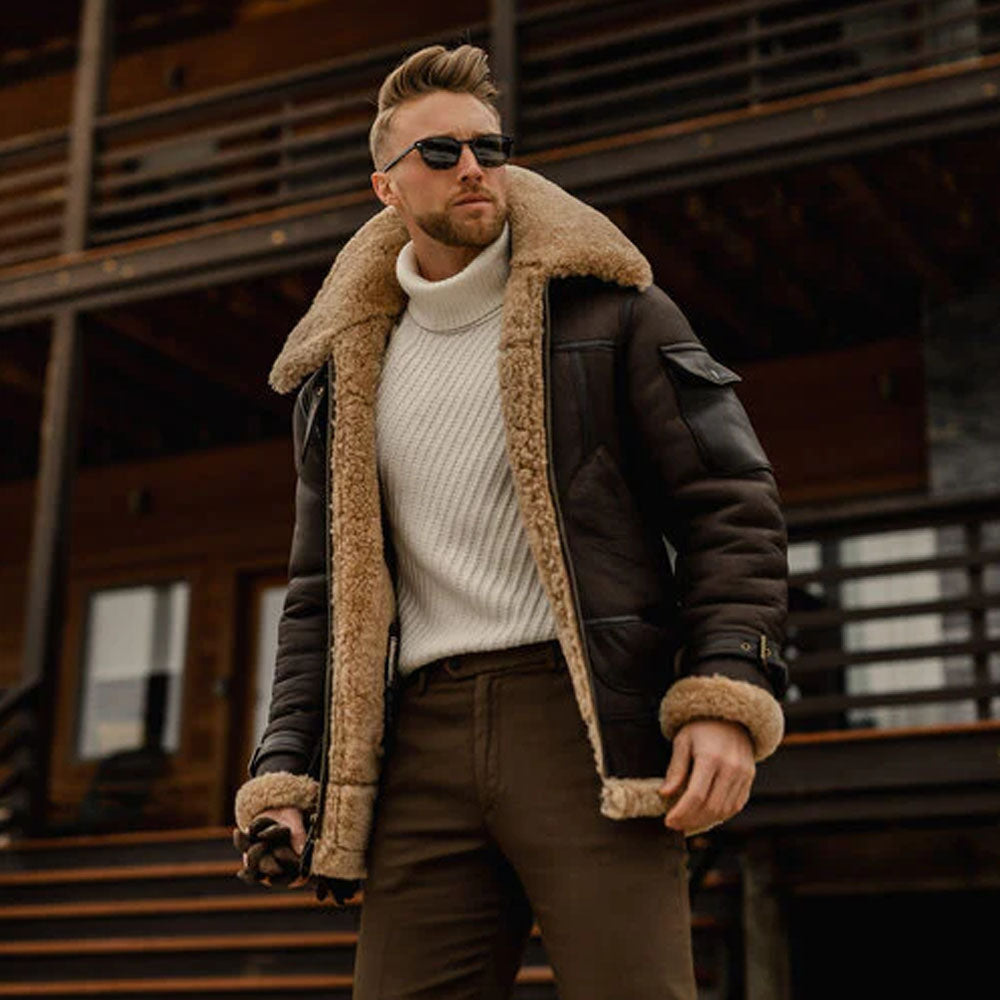 Brown Flying B3 Aviator Shearling Leather Long Jacket Coat For Men