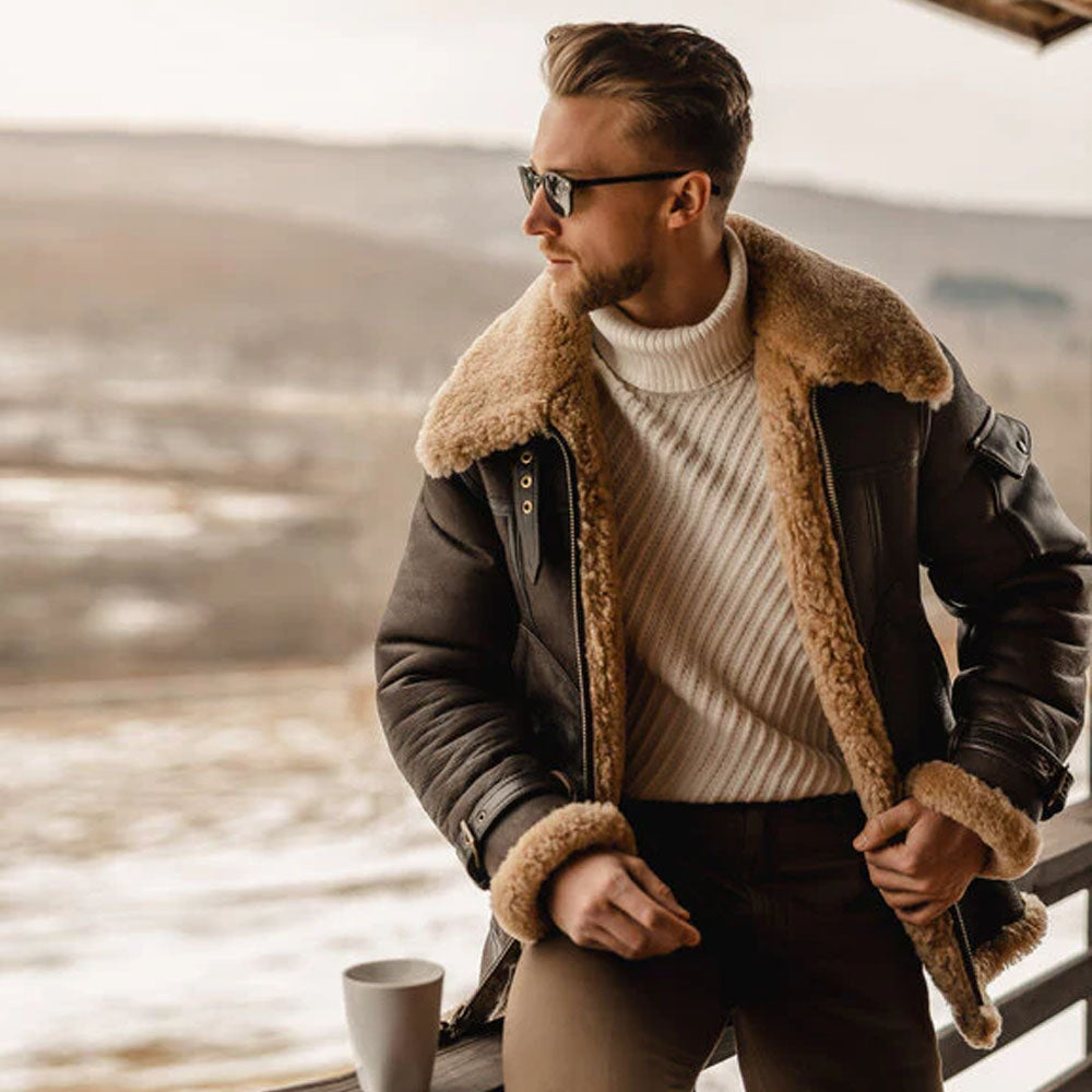 Brown Flying B3 Sheepskin Aviator Shearling Leather Long Jacket Coat