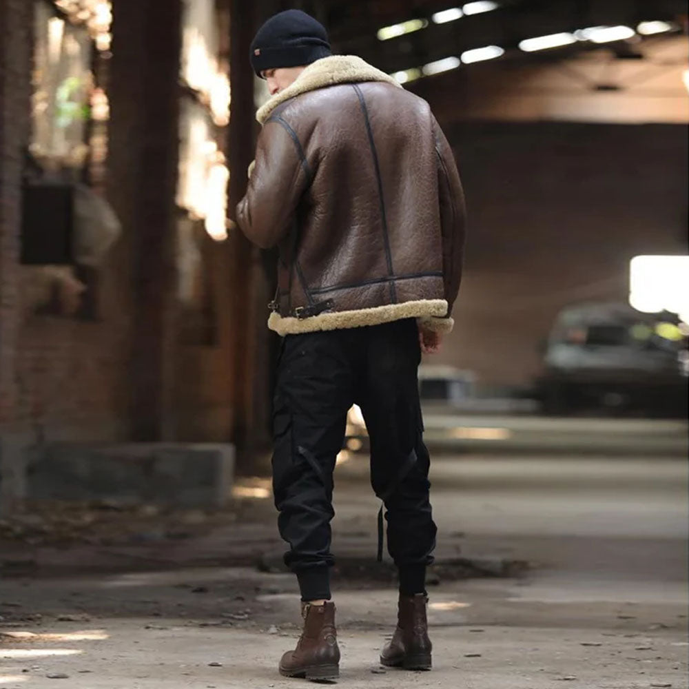 Men Shearling leather jacket with premium sheepskin material, suitable for winter wear.