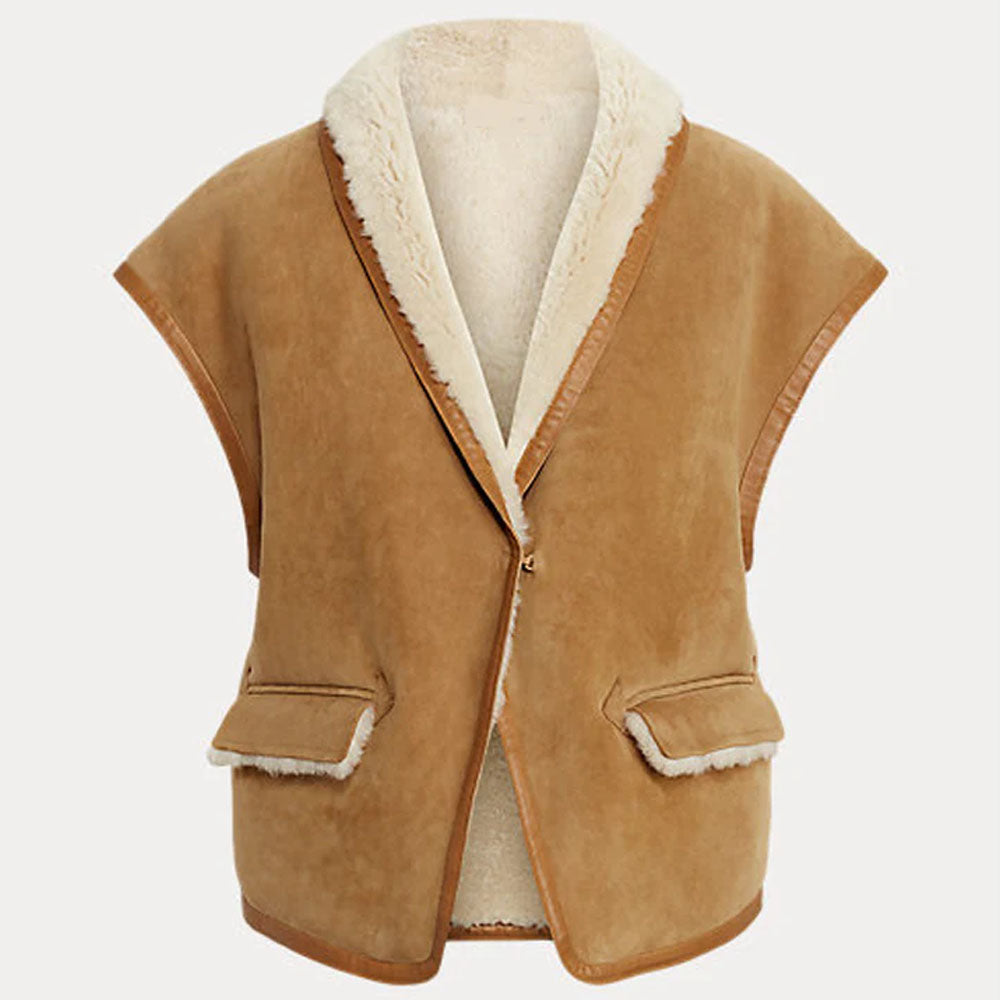 Brown shearling leather vest displayed front-facing, showcasing its premium suede leather and faux fur-lined interior.