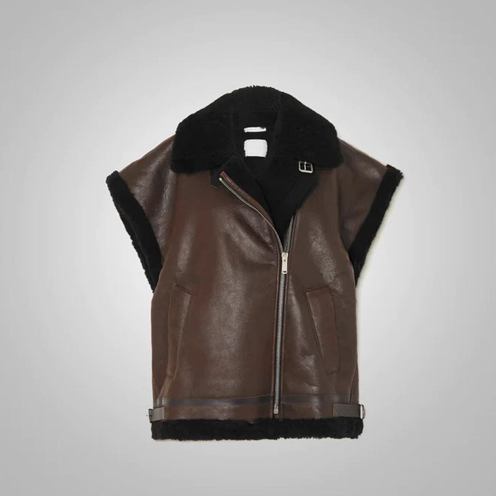 Front view of Dark Brown Shearling Leather Sheepskin Vest showcasing its stylish design and YKK zip.