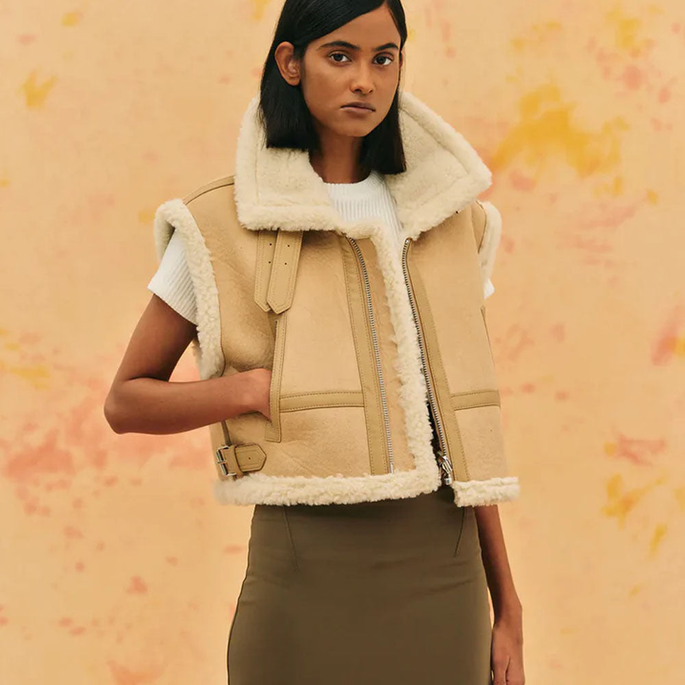 Women Brown Aviator Shearling Leather Vest