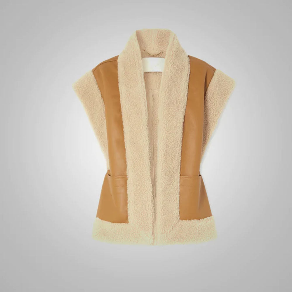 New Women Brown Sheepskin Shearling Vest