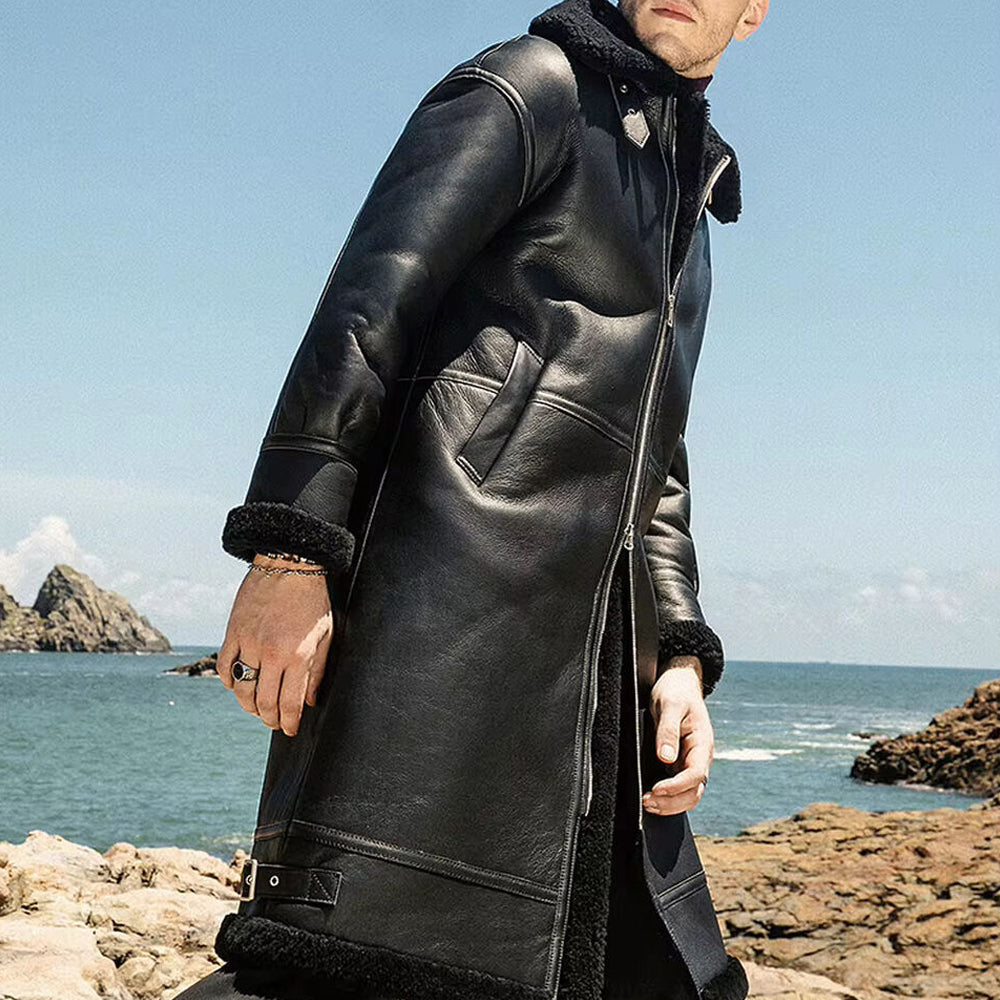 Men's B3 Shearling Jacket Trench Coat Black Leather Jacket Winter Coat