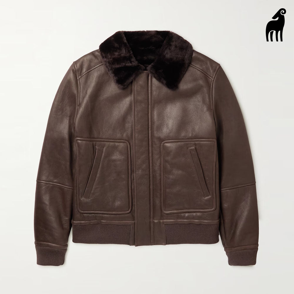 New men brown b3 pilot bomber sheepskin shearling lined leather jacket