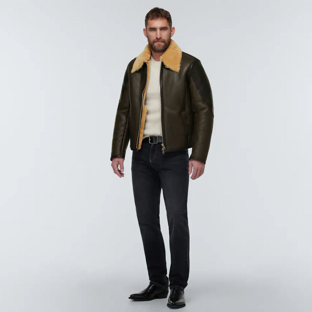 New Men Brown Flying B3 Sheepskin Trimmed Shearling Leather Jacket