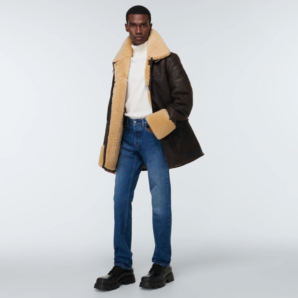Men's brown b3 flying Shearling-trimmed Long Leather Jacket