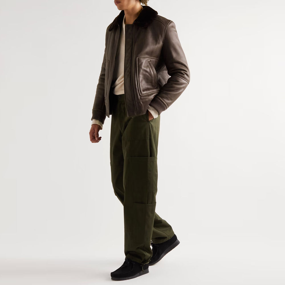 New men brown b3 pilot bomber sheepskin shearling lined leather jacket