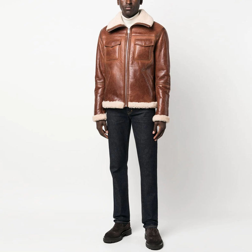 Men's Brown Sheepskin Flight RAF Shearling Leather Jacket