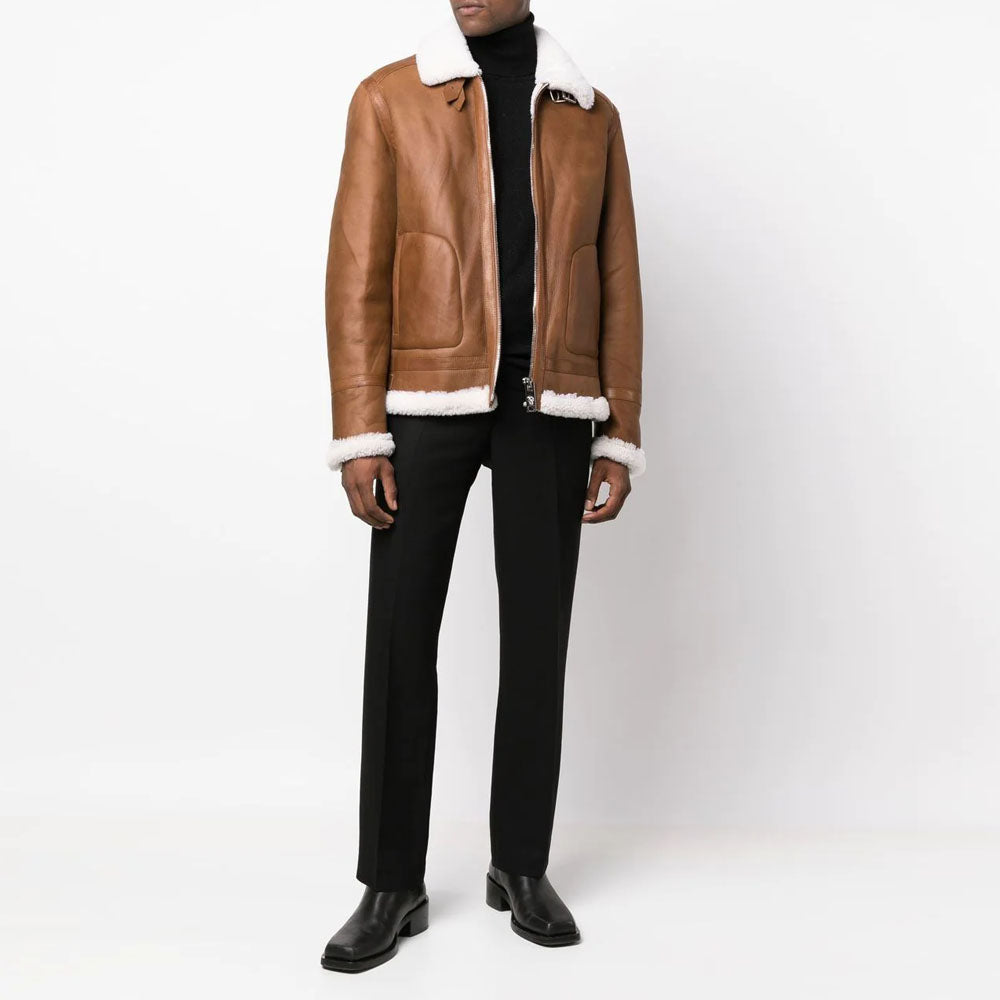 New Men Brown Sheepskin B3 Flight Shearling Leather Jacket