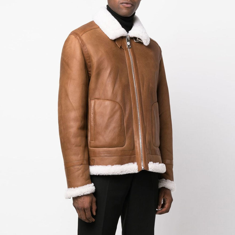 New Men Brown Sheepskin B3 Flight Shearling Leather Jacket