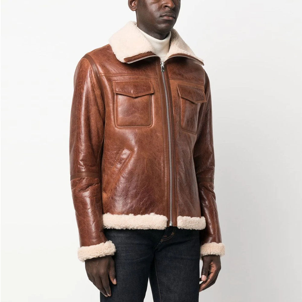 Men's Brown Sheepskin Flight RAF Shearling Leather Jacket
