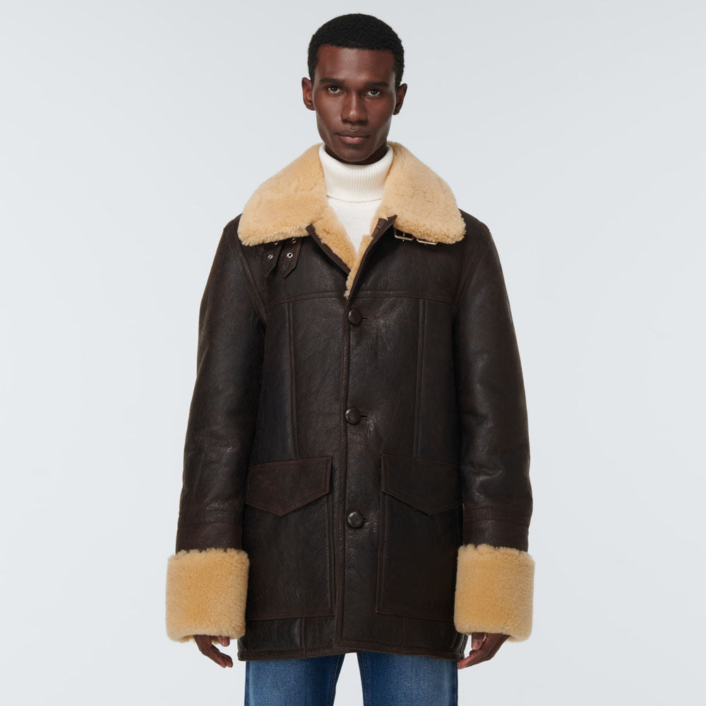 Men's brown b3 flying Shearling-trimmed Long Leather Jacket