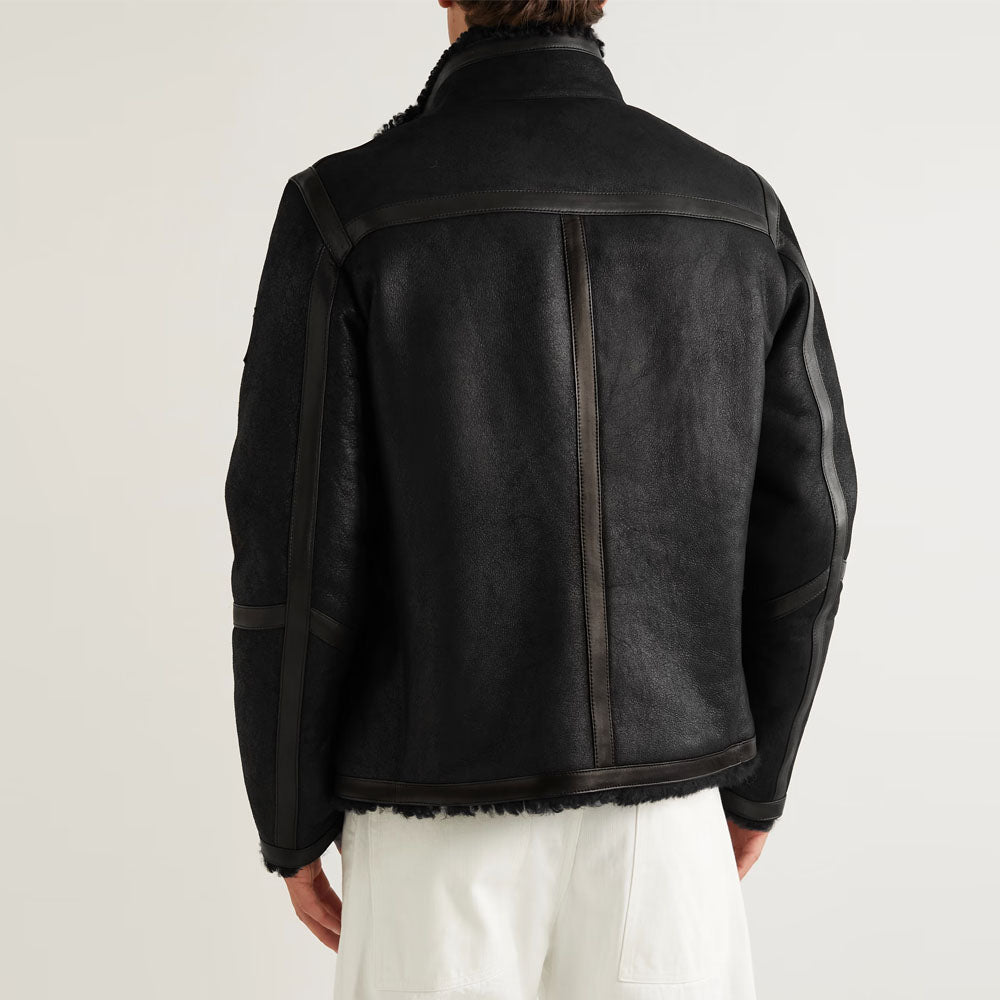 Men Black B3 Sheepskin Shearling Flying Trimmed Leather Jacket