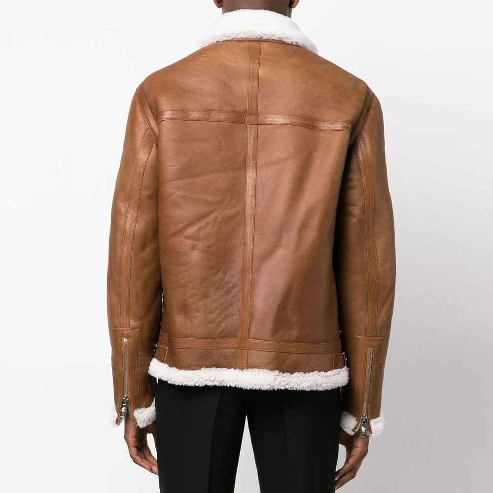 New Men Brown Sheepskin B3 Flight Shearling Leather Jacket