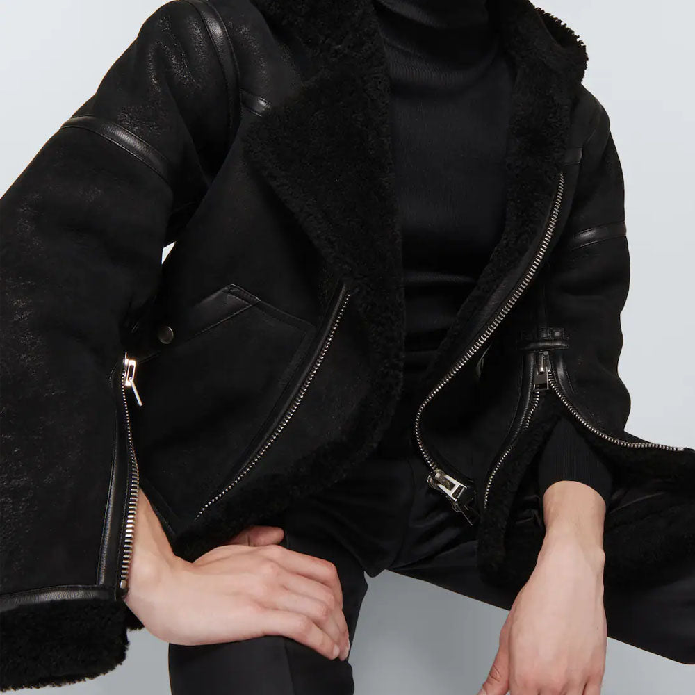 New Men Black B3 Sheepskin Flight Shearling Leather Hooded Jacket