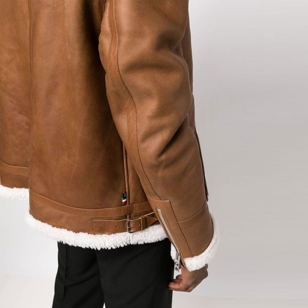 New Men Brown Sheepskin B3 Flight Shearling Leather Jacket