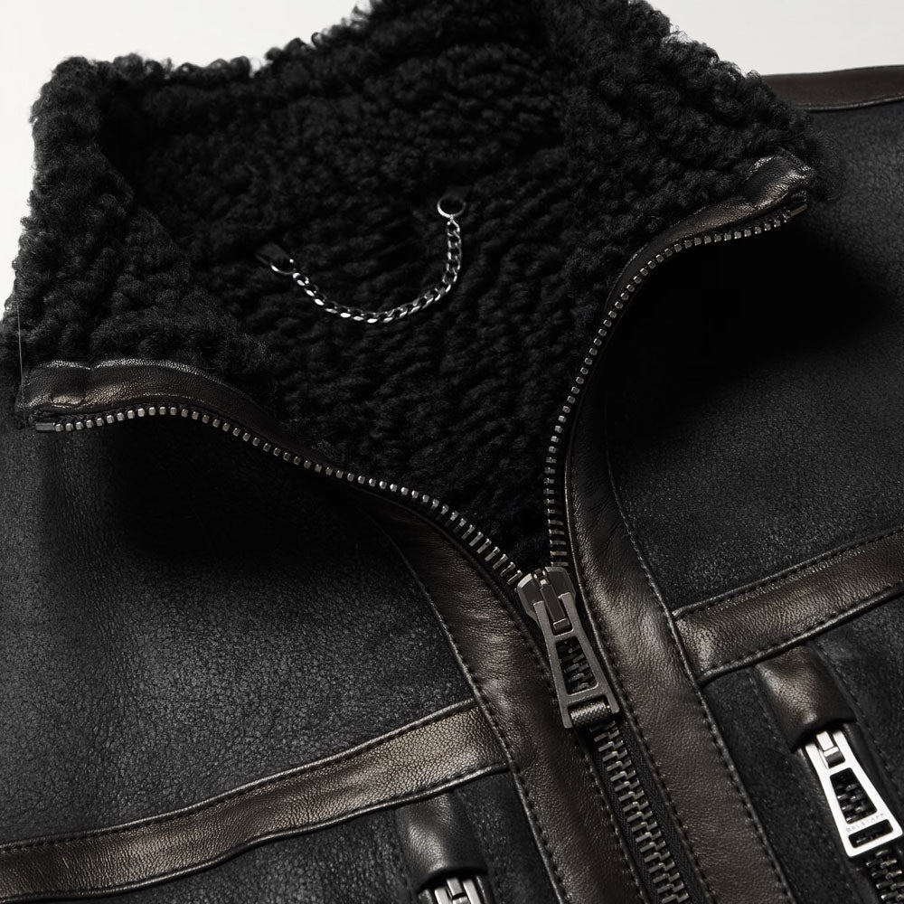 Men Black B3 Sheepskin Shearling Flying Trimmed Leather Jacket