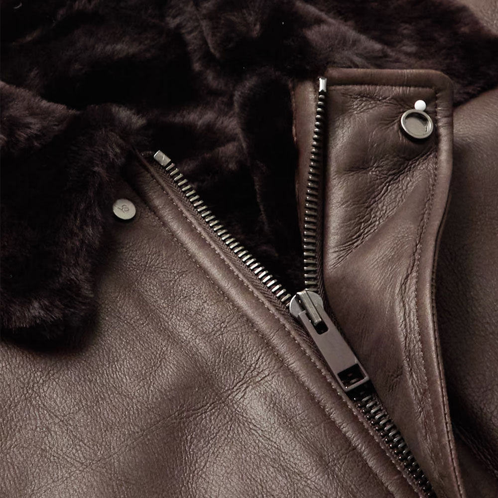 New men brown b3 pilot bomber sheepskin shearling lined leather jacket