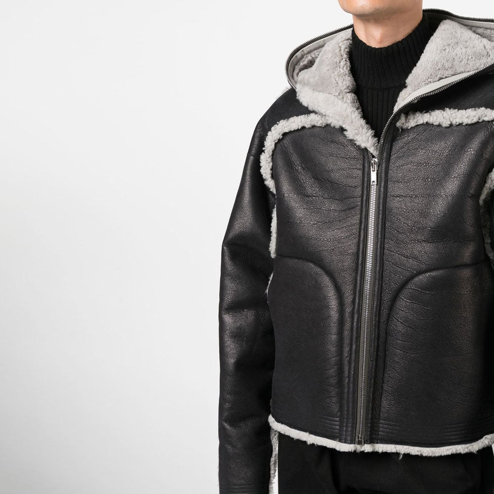 Men's Black Sheepskin B3 Shearling Trim Hooded Leather Jacket