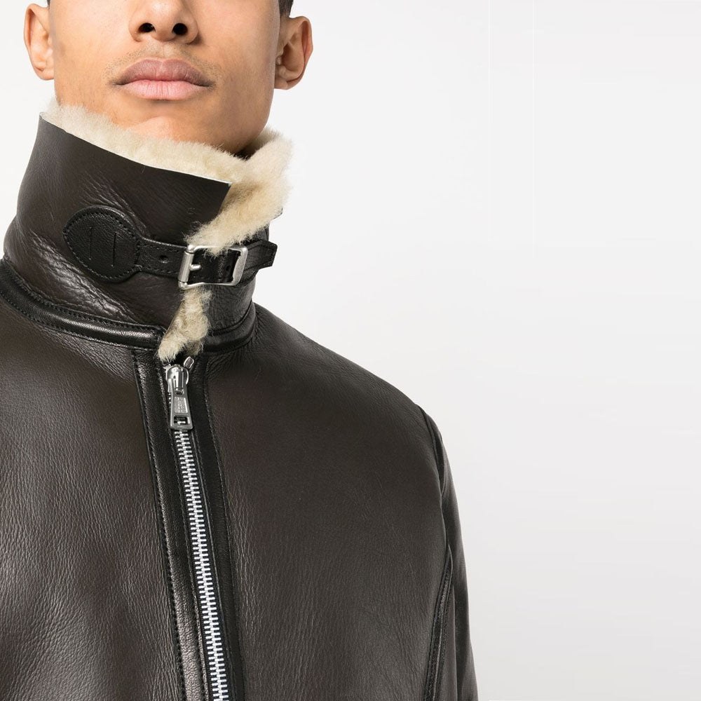 Men's black shearling collar sheepskin pilot leather jacket