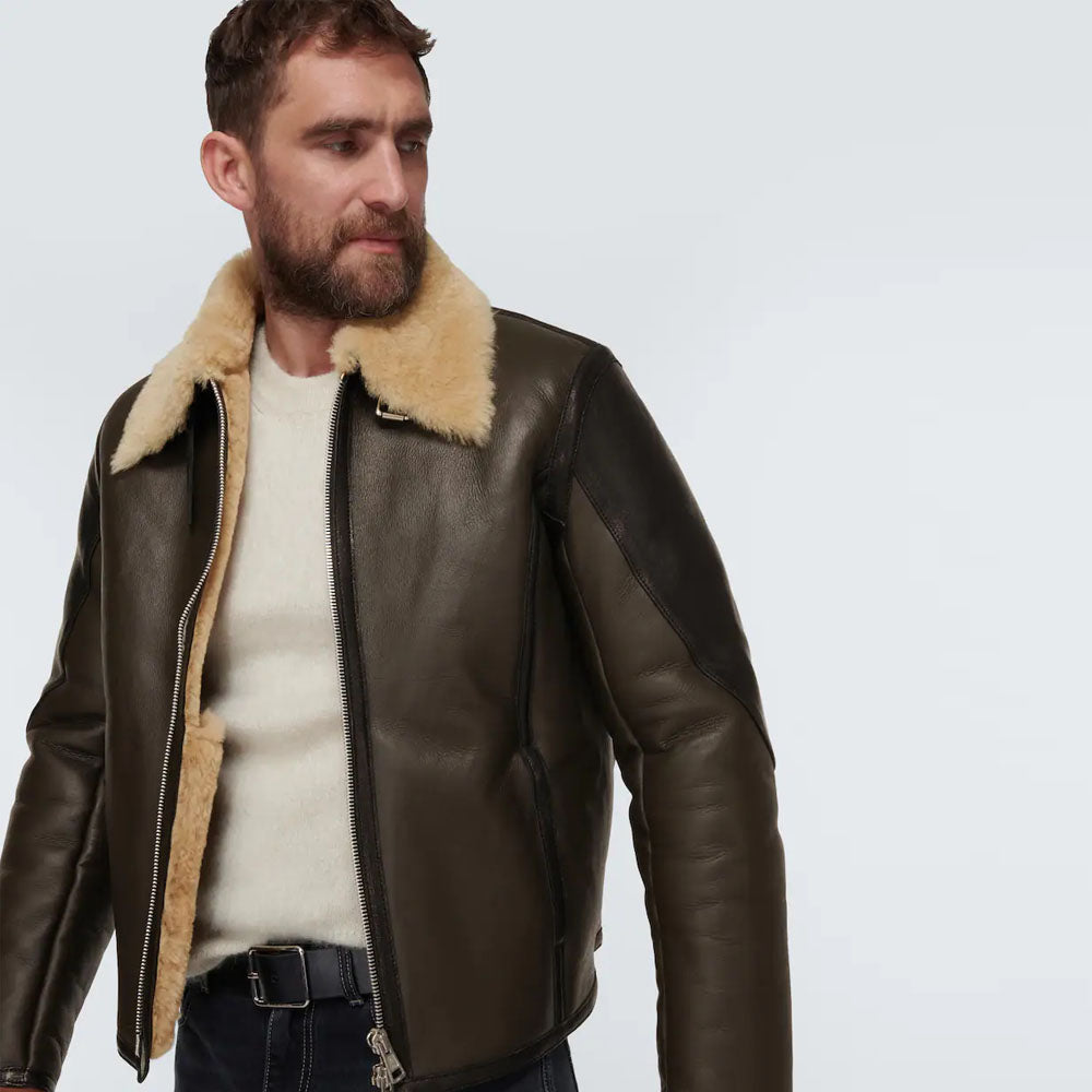 New Men Brown Flying B3 Sheepskin Trimmed Shearling Leather Jacket