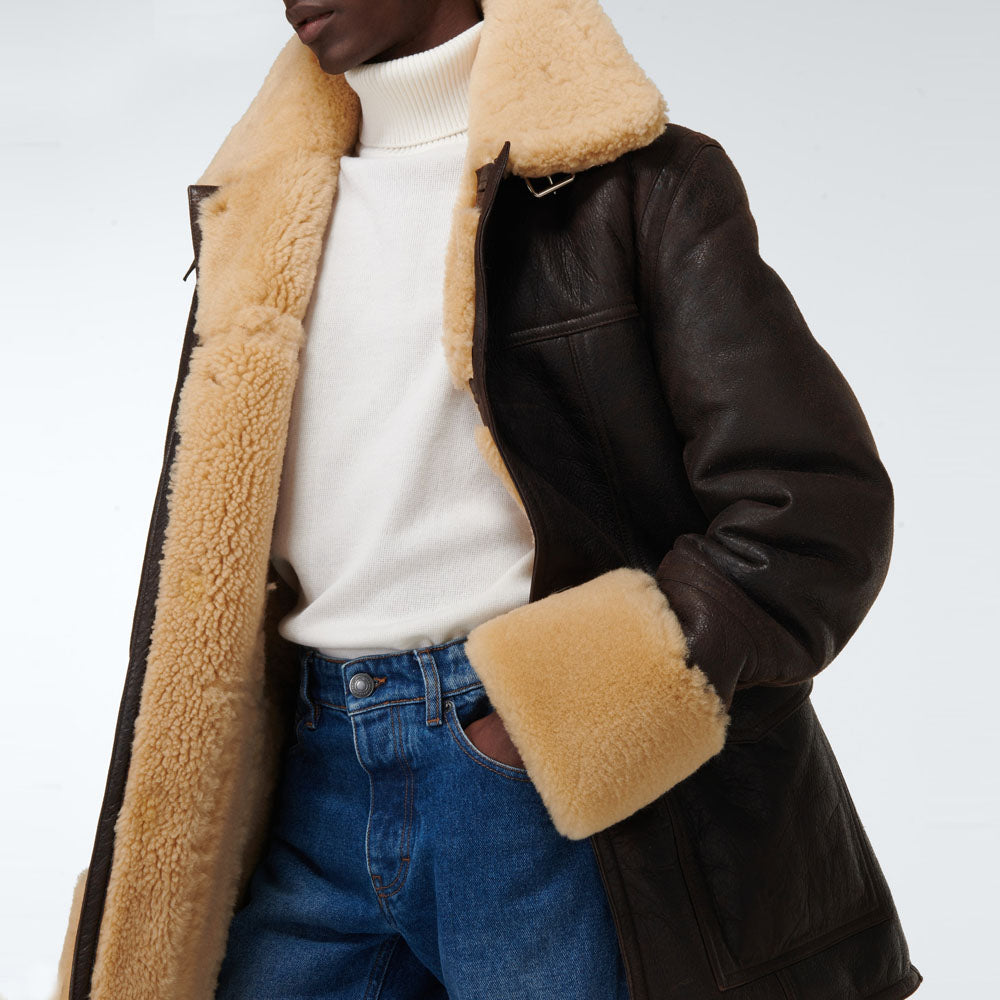 Men's brown b3 flying Shearling-trimmed Long Leather Jacket