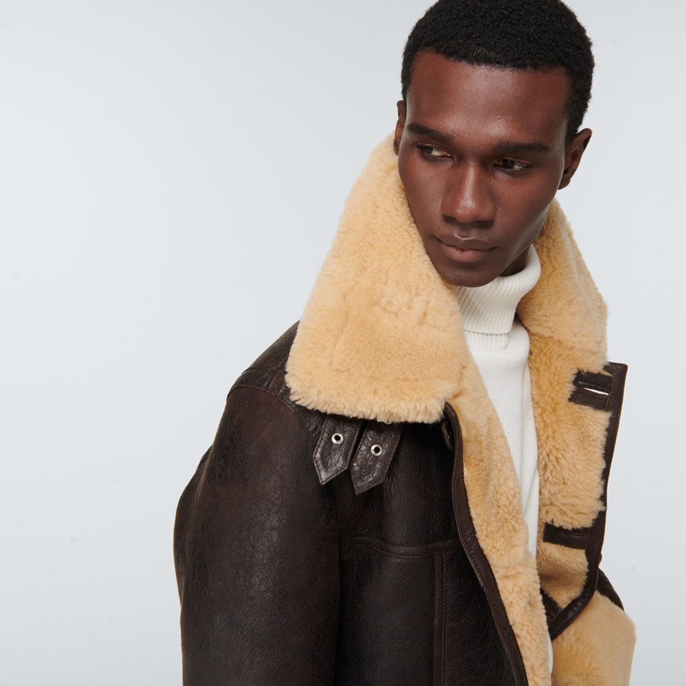 Men's brown b3 flying Shearling-trimmed Long Leather Jacket