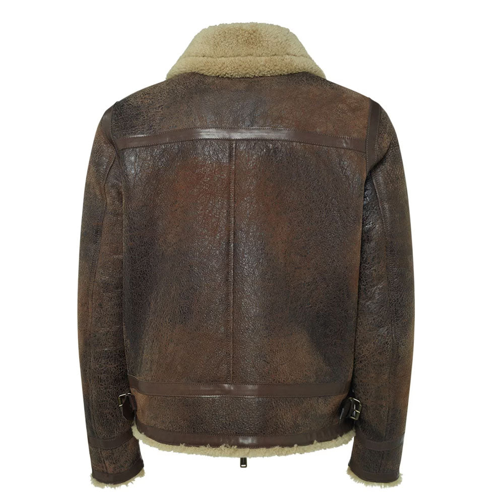 Men's brown b3 aviator sheepskin shearling leather zip jacket