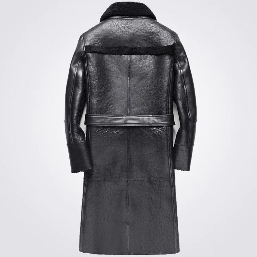 Men's Black Belted Sheepskin Double Breasted Long Leather Coat