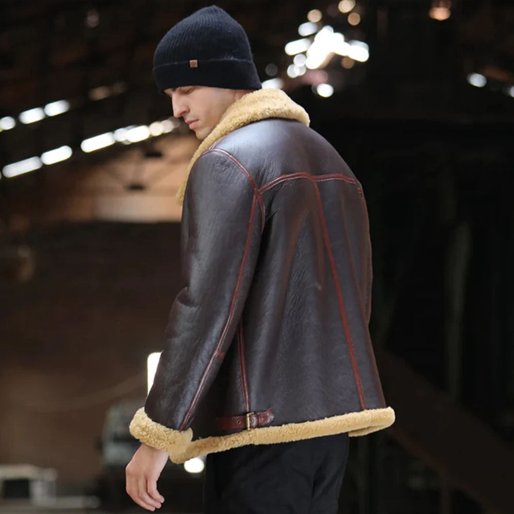 Brown Shearling Leather Bomber Sheepskin Jacket Coat For Men