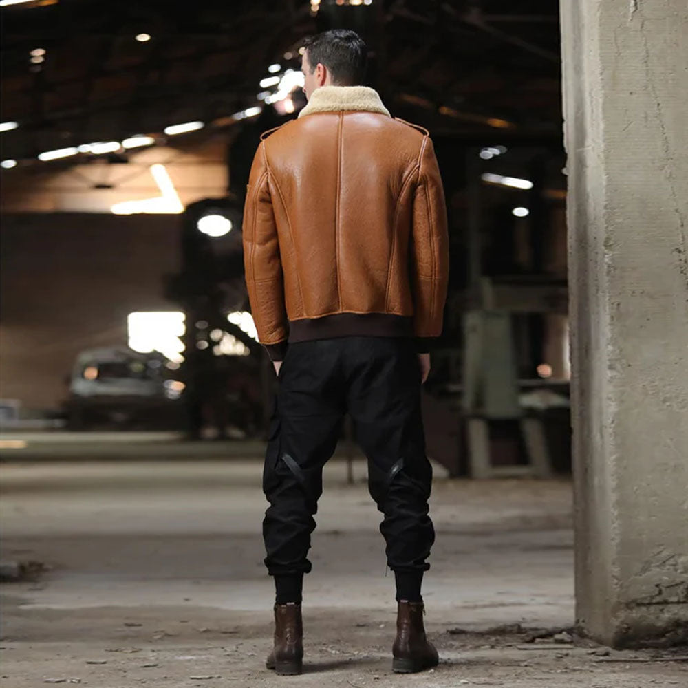 Men's Brown Flight Airforce Sheepskin Bomber Leather Jacket