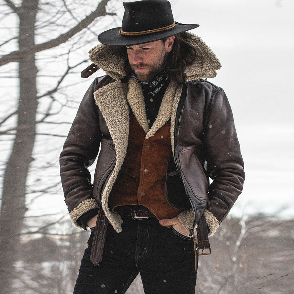 Sheepskin Flying Fur Aviator Brown Shearling Leather Jacket For Men