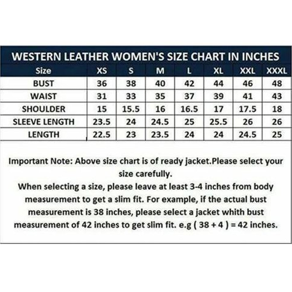 Size chart for Women's Black Cropped Leather Bolero Jacket, including measurements for chest, waist, and length for perfect fit.