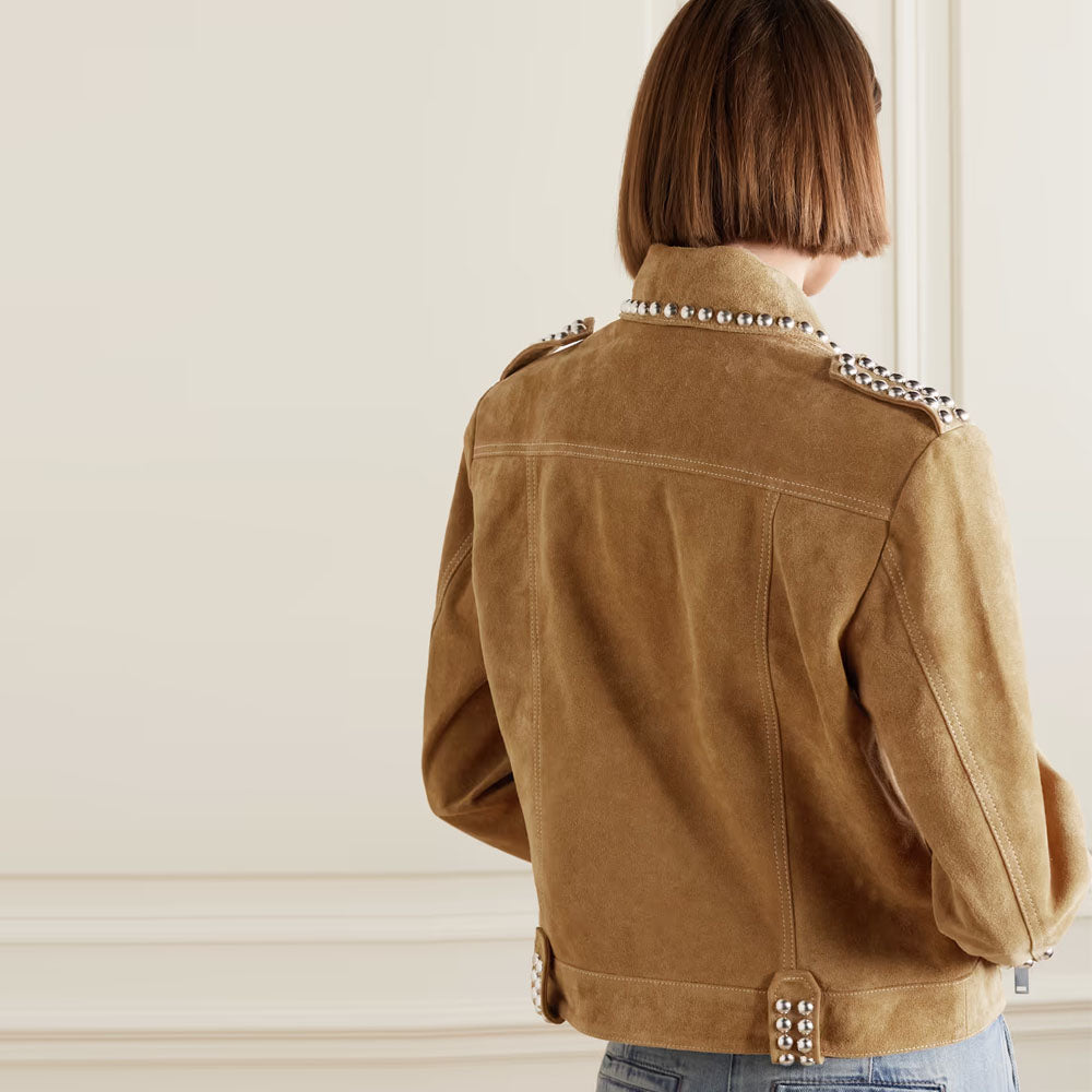The Back view of the brown suede leather jacket, features a clean silhouette with a smooth suede texture and elegant pearl accents.