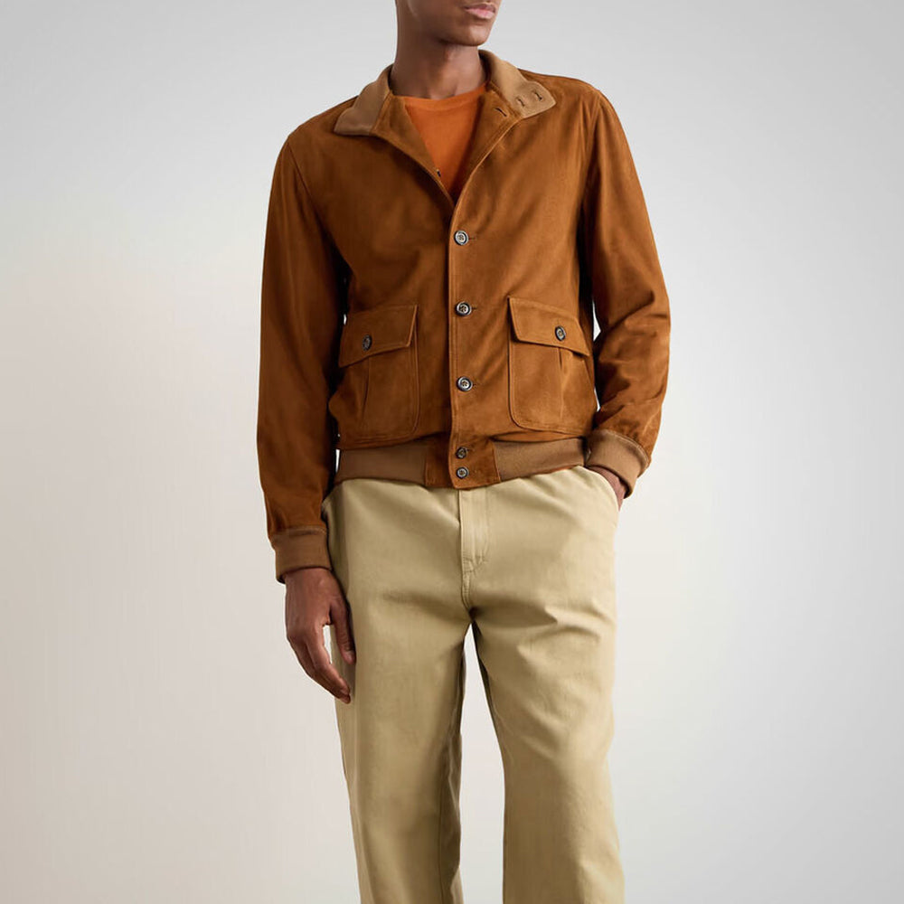 Men's Western A1 Bomber jacket Real Cowboy Brown Suede Leather Shirt