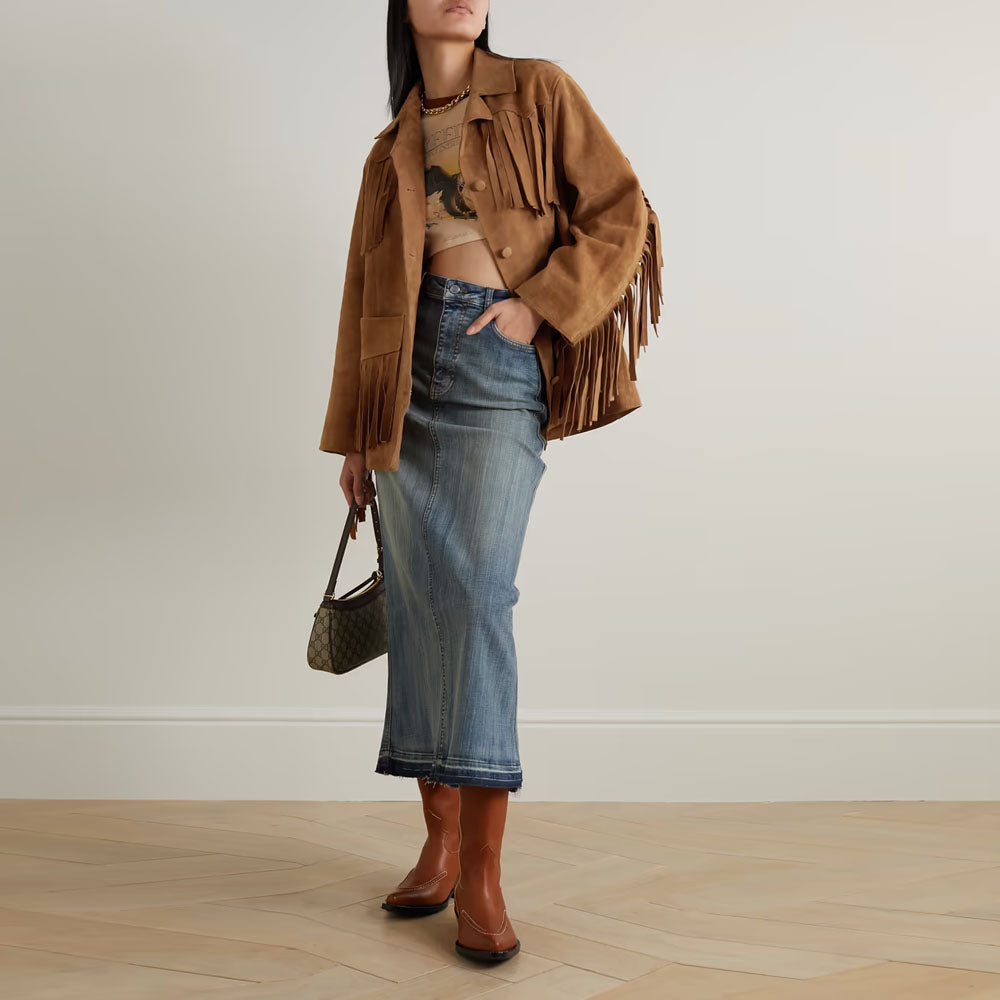 New Women Cowboy Fringe Western Leather Suede Jacket